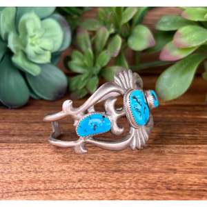 Vintage Navajo Handmade Sleeping Beauty Turquoise & Sterling <b>Silver</b> Fashion <b>Cuff</b> <b>Bracelet</b> - Product Image 3