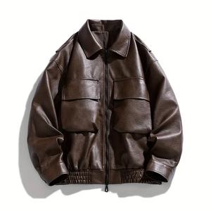 Veste coupe-vent d'hiver en similicuir noir vintage, style streetwear, écologique, pour homme, avec poches à rabat et ourlet élastique sur le devant - Product Image 5