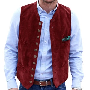 Gilet de Costume Décontracté Homme EDGECO en Cuir Véritable Marron Velours Givré, Col en V, Simple Boutonnage, Sans Manches, Tissu Tricoté - Product Image 1