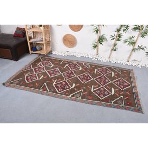 Alfombra Kilim Vintage en marrón y rojo de 4,3 pies X 7,7 pies yute de tejido plano clásico con respaldo de látex trenzado Technics Patchwork Pattern - Product Image 2