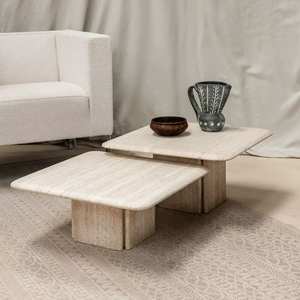 Table basse en marbre travertin de luxe, meuble artisanal en pierre naturelle pour un design intérieur élégant et moderne de salon - Product Image 1
