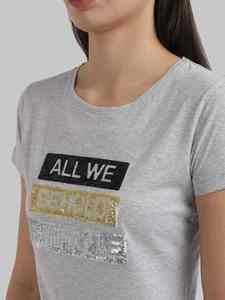 2024 Fashion Women's Grey Cotton <b>T</b>-<b>Shirt</b> <b>Sequin</b> Letter Graphic Print Short Sleeve Casual Round Neck Slim Fit Tee Tops for Ladies - Product Image 4