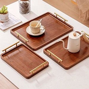 Teak Wooden Serving Tray with Metal Handle Modern Single Tier Rectangle <b>Breakfast</b> Board for Dining Table Cafe & Hotel Use - Product Image 2