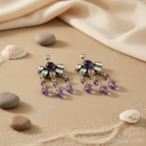 Boucles d'oreilles pendantes en cuivre/laiton améthyste pour femmes, religieuses et tendance - Product Image 2