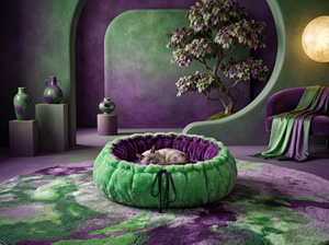Cama Redonda Premium para Gatos Amistar EmeraldViolet XL – Interior de Piel Sintética Verde Brillante y Terciopelo Morado Oscuro, 102 cm - Product Image 3