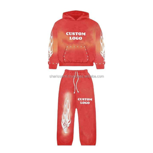 Combinaison évasée unisexe avec logo imprimé personnalisé Vêtements de rue Lavage à l'acide Rines Stone Pocket Sleeves Metal Studs Best Sun Fade Sweatsuit - Product Image 3