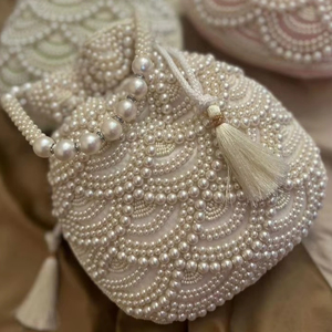DAZZLING Wrist <b>WHITE</b> POTLI Bags on SILK FABRIC WITH Embellished Crystal Glass Beads,Pearl EMBROIDERY for Party-Wear/Wedding=2025 - Product Image 1
