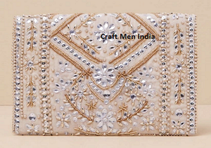 Bridal Sparkling Floral Embroidery Flap <b>Clutch</b> <b>Bag</b> with Beads <b>for</b> <b>Wedding</b> Party Use Sling Handbag From India - Product Image 2