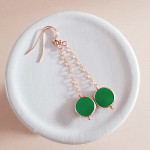 Boucles d'oreilles pendantes en onyx vert en forme de pièce de monnaie, pierre précieuse naturelle verte, plaqué or rose, bijoux faits à la main pour femmes - Product Image 2