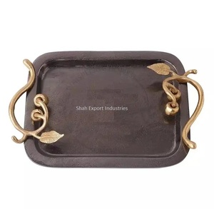 Aluminum Golden Serving <b>Tray</b> With Black Branch Handles Rectangular Kitchenware Dining Table Food & <b>Drink</b> Serving <b>Trays</b> - Product Image 5