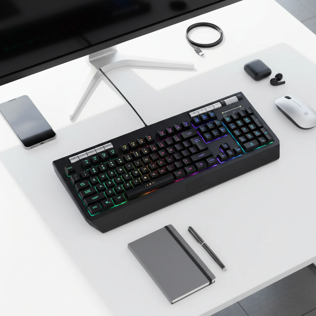 Factory OEM 104-Keys Rainbow RGB Membrane Full Size LED Gaming Keyboard USB Wired Waterproof 1.5M Cable Palm Knob