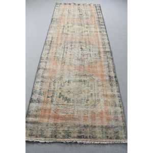 Vintage Turkish Rug, 3,8x10,6 ft Runner Rug, <b>Brown</b> Orange Floral <b>Wool</b> Rug - Product Image 1