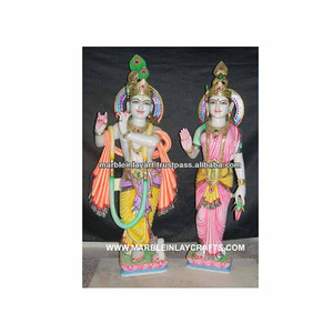 Statuette religieuse en marbre peinte Radha Krishna Murti pour la prière à domicile - Product Image 1