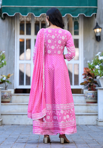 Vestido Largo de Algodón para Mujer, Estilo Anarkali, Cuello en V, Manga Corta, Estampado Floral, Corte en A, con Dupatta, para Fiestas o Uso Casual, OEM - Product Image 2