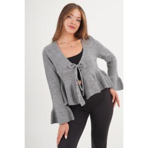 Cardigan gris pour femme avec détail volanté à nouer sur le devant – Vente en gros - Product Image 6