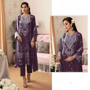 Material de vestido de seda de estilo étnico pakistaní con bordado y patrón pintado a mano y a cuadros para adultos Dupatta - Product Image 4