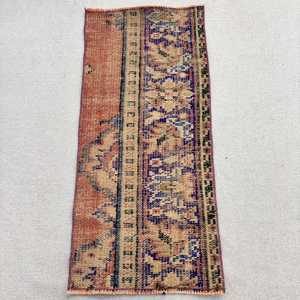 Vintage Rug, Small 1.4x3.2 ft Turkish Rug, <b>Brown</b> Ikat <b>Wool</b> Rug - Product Image 1