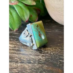 Darrell Morgan Kingman <b>Statement</b> <b>Ring</b> Boho Style Bezel Set Turquoise with Sterling <b>Silver</b> Geometric Cut Size 8.75 Everyday Wear - Product Image 3
