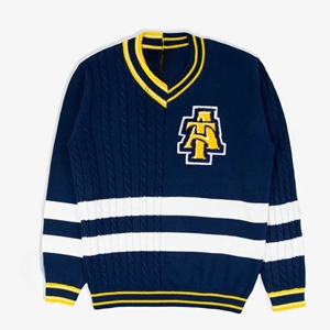 เสื้อสเวตเตอร์คอวีของผู้ชายเสื้อสเวตเตอร์แบบสวมหัวผ้าโพลีเอสเตอร์/ ผ้าฝ้ายสำหรับฤดูหนาวสีน้ำเงินและเหลืองแบบกำหนดเอง NC A & T aggies - Product Image 1