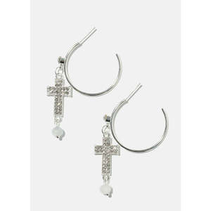 Boucles d'oreilles pendantes tendance vintage en strass avec croix, en alliage plaqué or, avec perle et pierre de poire, style religieux - Product Image 3