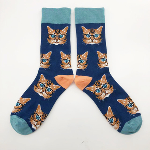 Calcetines de punto jacquard con diseño OEM, estampado digital, azules, con diseño de ojo de gato, transpirables, casuales, a media pantorrilla, para adultos y niños, para otoño. - Product Image 1
