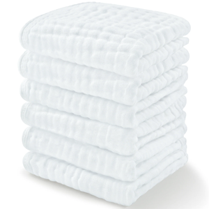 Lot de 6 lingettes lavables en mousseline de coton biologique à six couches personnalisées pour bébé – Motif uni blanc avec impression blanchie - Product Image 1
