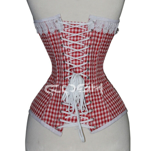 <b>Red</b> Checkered Cotton Overbust Corset <b>Tight</b> Lacing Corsetry With Front Busk Closure - Product Image 6