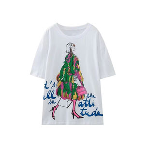 Nouveau t-shirt décontracté pour femmes de haute qualité Slim manches courtes tendance de la mode hauts solides avec tissu en jersey imprimé à col rond - Product Image 2