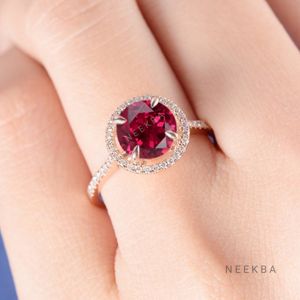 Bague en or massif 14K coupe ronde en laboratoire avec rubis Art Déco Halo Design pour mariages fiançailles avec cadeau d'option de remplacement de pierres précieuses - Product Image 5