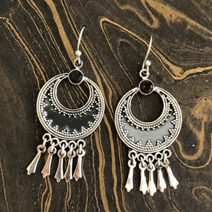 Gold Plated Smoky Quartz <b>Drop</b> <b>Earrings</b> (11.4 Grams) Geometric Tassel Design with <b>Emerald</b> Pearl Diamond for Christian Parties - Product Image 1