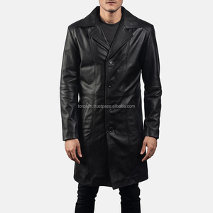 2026 Wholesale Men's Genuine Leather Long Trench Coat With Zipper Closure Notched Lapel Punk Style Outerwear <b>Black</b> - Product Image 6