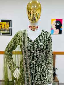 Conjunto de Kurti, Pantalón y Dupatta de Diseñador, Traje Tradicional para Fiestas, Traje de Boda, Tela de Georgette Sintética, Completamente Bordado - Product Image 3