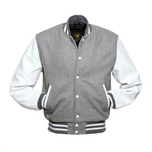 Veste bomber varsity à manches blanches et corps gris, veste letterman avec manches en cuir, veste varsity en cuir personnalisée - Product Image 2