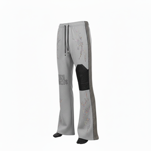 Premium Cotton Fleece Flared Pant Grey Soft Feel Rhinestone Side Panel Quilted <b>Knee</b> <b>Patch</b> Custom Logo Fleece Flared Pant - Product Image 4