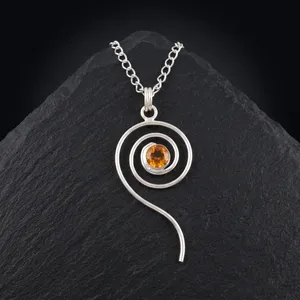 Pendentifs Bohèmes en Argent Sterling 925 avec Citrine Naturelle Ronde, Bijoux de Mode Sertis de Façettes, Pendentifs de Mariage - Product Image 1
