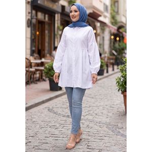 Camisa Túnica Informal Blanca de Popelina con Cuello con Volantes y Detalle de Cintura Fruncida, Corte Holgado para Mujer, Tallas XS-XL, para Primavera y Otoño - Product Image 1