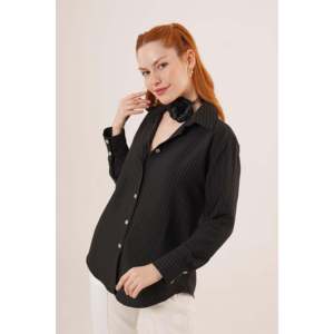 เสื้อเชิ้ตสีดำลายเส้นละเอียดสำหรับผู้หญิง Lustrin ขายส่ง - เสื้อเชิ้ตแขนยาวติดกระดุมทันสมัยสำหรับใส่ทำงานแบบลำลอง - Product Image 2