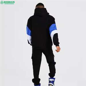 Ensemble de survêtement pour homme, pull à capuche noir, bleu et blanc, manches longues, coupe ample, style streetwear, avec poches latérales et cordon de serrage - Product Image 4