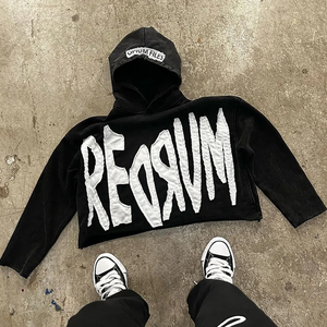 Sudadera con Capucha Negra Corta con Bordado Desgastado, Sudadera de Forro Polar con Capucha Estilo Urbano, Diseño Gráfico Vanguardista - Product Image 1