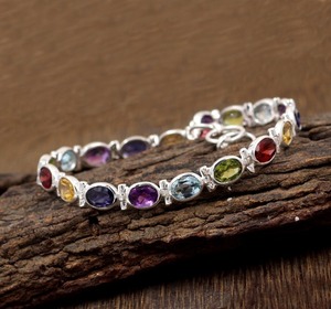 Handmade Indian Multi Gemstone Halo <b>Gold</b> & Rhodium Plated Sterling Silver Trendy Tennis <b>Bracelet</b> for Women Girls-Gift & Party - Product Image 3