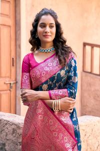 Saree en soie Banarasi de créateur avec chemisier en soie Beau chef-d 'œuvre tissé à la main pour mariage et fête - Product Image 2