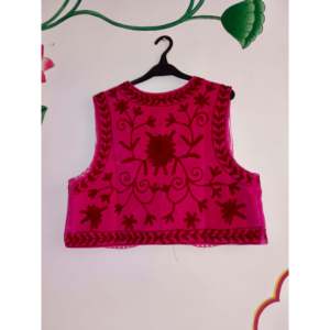 Rani Winter Velvet <b>Gilet</b> with Knitted Fabric Embroidered Flowers Logo <b>Fur</b> Outer Wear with Leather Filling for Seasoned Style - Product Image 1