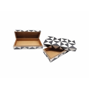 Juego de 2 Elegantes Cajas de Almacenamiento Decorativas de Resina y MDF Hechas a Mano, Blancas y Negras con Patrón Geométrico, Organizador Multiusos - Product Image 1