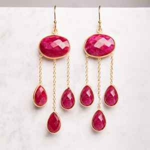 Últimos pendientes de plata de ley sólida 925, piedras preciosas de rubí rojo, ajuste de bisel en forma de corte ovalado, Pendientes colgantes largos, joyería - Product Image 1
