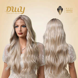 Teresa-DWY Long Wavy Synthetic <b>Wig</b> Transparent Lace Front T-Part Rooted <b>Brown</b> Blonde with Lace Front - Product Image 4