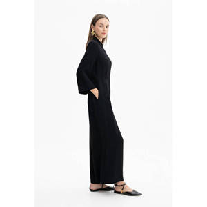 Women's Loose High Waist Black Viscose <b>Jumpsuit</b> with Print Mesh Patchwork for Office Gym <b>Workout</b> - Product Image 4