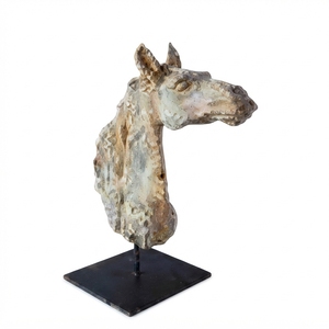 Handcrafted <b>wooden</b> horse head suge stand sculpture <b>rustic</b> teak carved equestrian statue metal base table accent decoration setup - Product Image 1