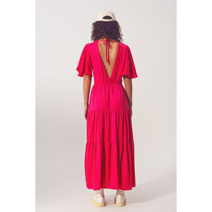 Vestido Maxi Boho con Cuello en V y Detalles Drapeados, Color Fucsia, Transpirable, Cintura Natural, Talla Única XS para Uso Diario y Fiestas, Logotipo Personalizable - Product Image 6
