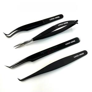 Juego de pinzas de extensión de pestañas de acero inoxidable con agarre perfecto duradero de fibra pintada negra de plasma de alta calidad de etiqueta privada - Product Image 1