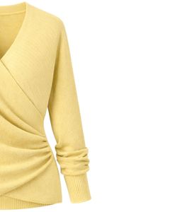 Women Yellow Wrap Style Knit Sweater Long Sleeve V Neck Soft Casual <b>Winter</b> <b>Top</b> Elegant Ladies Fashion Pullover For Daily Wear - Product Image 3